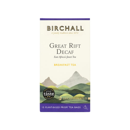 A bright and satisfying breakfast tea that’s caffeine free yet bursting with full flavour. A winner at the Great Taste Awards and Rainforest Alliance Certified™.  Expertly sourced the finest selection of estate grown teas from across East Africa and the Great Rift Valley.  Our pursuit of quality ensures that all our tea leaves are hand plucked before they are carefully decaffeinated and this gives Birchall Great Rift Decaf its exceptional brightness, golden colour and strong refreshing taste. 