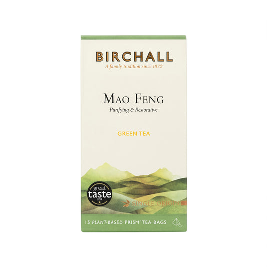 A purifying and restorative Mao Feng, rich in anti-oxidants.  Birchall Green Tea is a pure green tea sourced from China where the very best teas of this variety are to be found. For centuries these teas have been revered across the Far East for their therapeutic properties. They are a rich, natural source of anti-oxidants, which are known to cleanse, detoxify and restore natural balance.