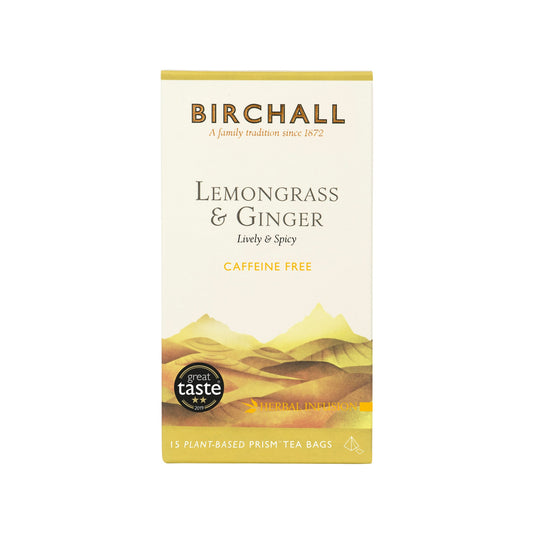 Lively, spicy and naturally caffeine free.  Birchall Lemongrass & Ginger tea is a warming herbal tea made with pure lemongrass and spicy ginger pieces. The renowned digestive benefits of ginger root and the soothing properties of lemongrass combine perfectly in this delightful infusion to elevate your mood and revive you anytime you need a boost.  